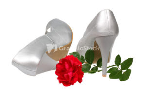 A pair of silver women's heel shoes with red rose isolated over white with clipping path.